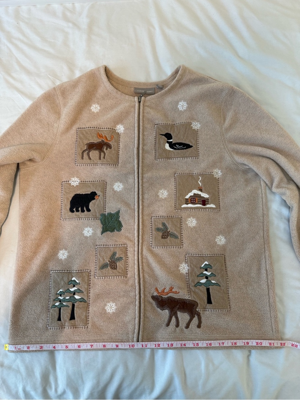 croft & barrow Womens Large Tan Zip-Front Fleece Jacket Embroidered Mountain VTG - Picture 9 of 15